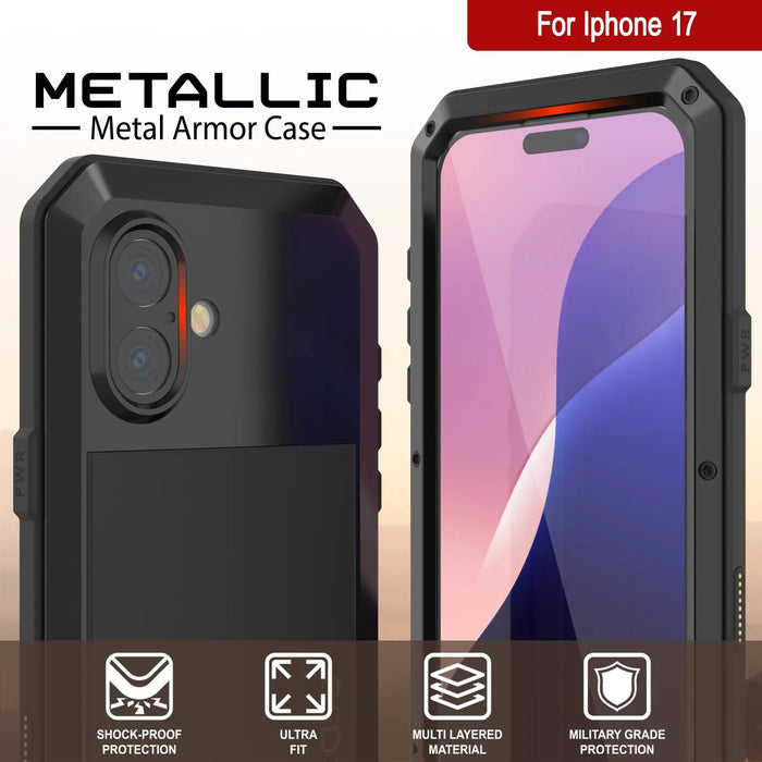 iPhone 17 Metallkoffer, Heavy Duty Military Grade Rüstungsabdeckung [Schocksicher] Ganzkörper hart [Schwarz]