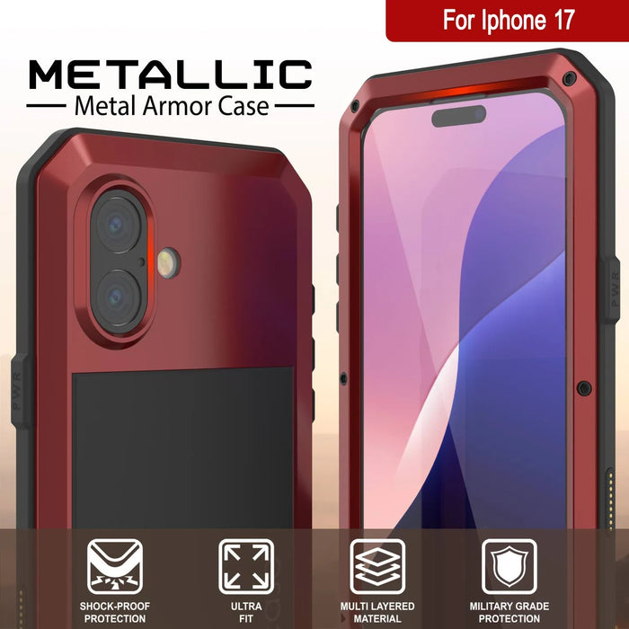 iPhone 17 Metallkoffer, Heavy Duty Military Grade Rüstungsabdeckung [Schocksicher] Ganzkörper hart [rot]