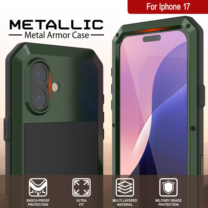 iPhone 17 Metallhülle, Heavy Duty Military Grade Rüstungsabdeckung [Schocksicher] Ganzkörper hart [dunkelgrün]