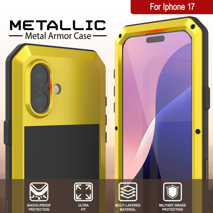 iPhone 17 Metallkoffer, Heavy Duty Military Grade Rüstungsabdeckung [Schocksicher] Ganzkörper hart [Gelb]