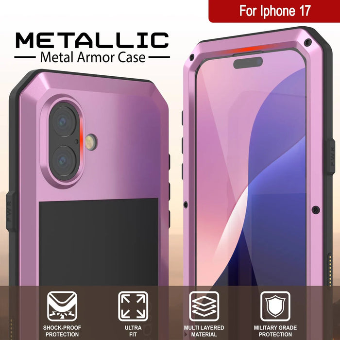 iPhone 17 Metallhülle, Heavy Duty Military Grade -Rüstungsabdeckung [Schocksicher] Ganzkörper hart [Pink]