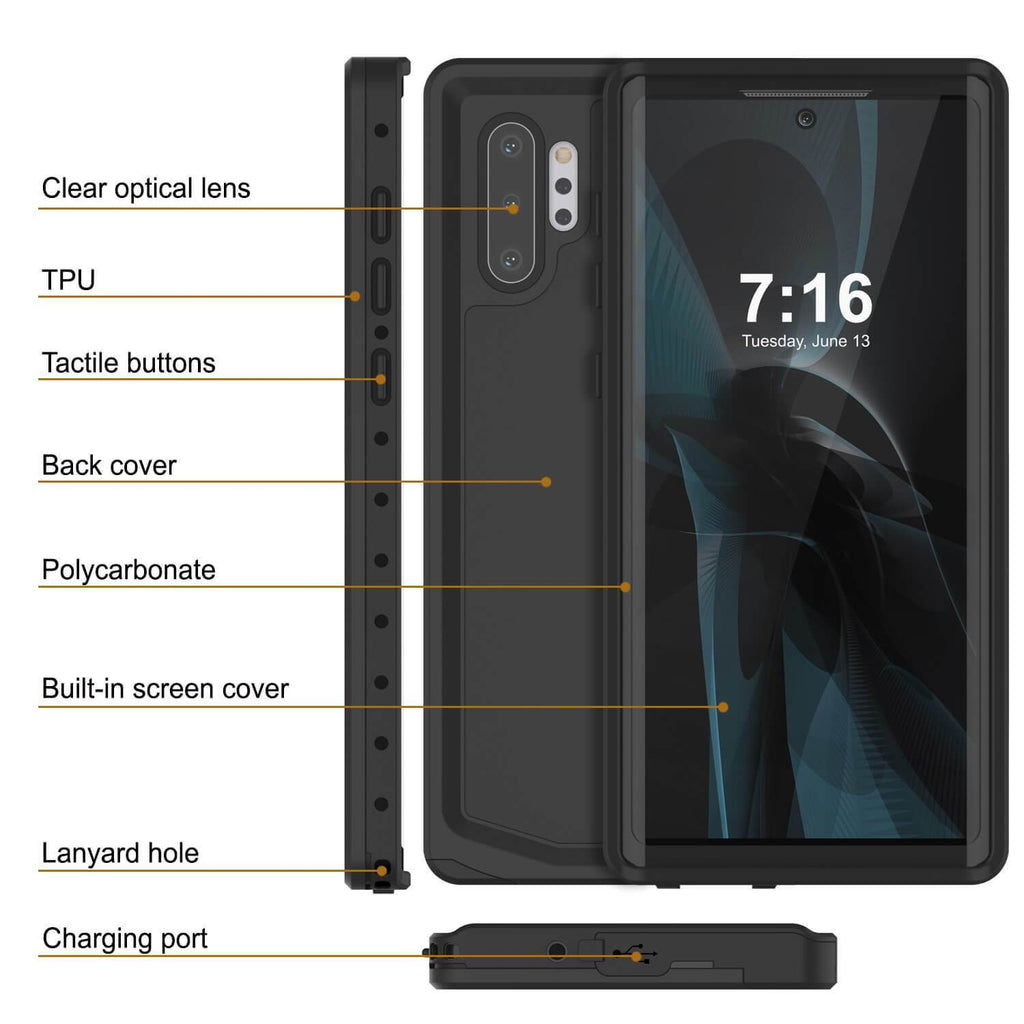 Galaxy Note 10+ Plus Waterproof Case, Punkcase Studstar Black Thin Armor Cover (Color in image: pink)