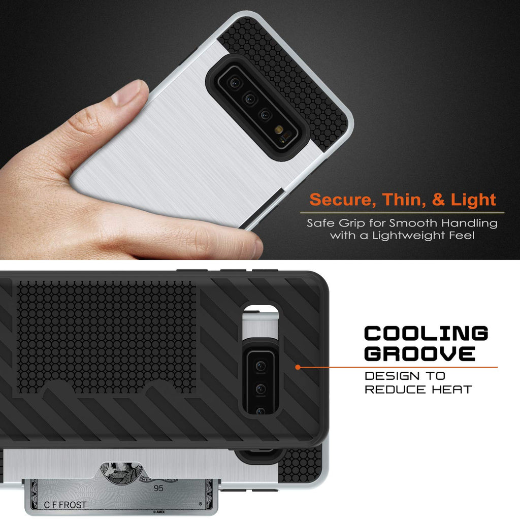 Galaxy S10+ Plus  Case, PUNKcase [SLOT Series] [Slim Fit] Dual-Layer Armor Cover w/Integrated Anti-Shock System, Credit Card Slot & Screen Protector [White] (Color in image: Grey)