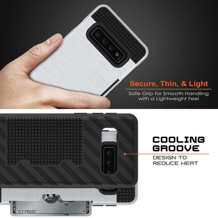 Galaxy S10+ Plus  Case, PUNKcase [SLOT Series] [Slim Fit] Dual-Layer Armor Cover w/Integrated Anti-Shock System, Credit Card Slot & Screen Protector [White] (Color in image: Grey)