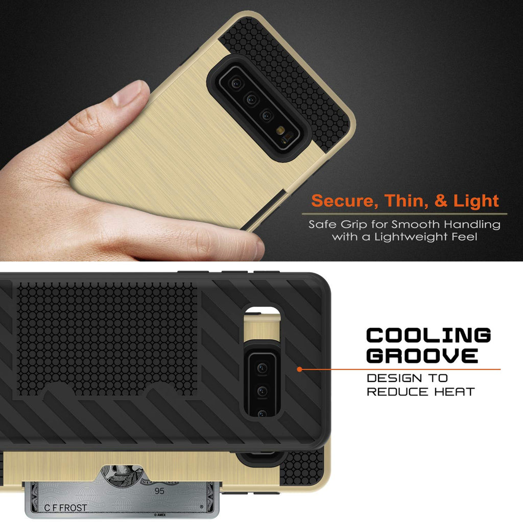 Galaxy S10+ Plus  Case, PUNKcase [SLOT Series] [Slim Fit] Dual-Layer Armor Cover w/Integrated Anti-Shock System, Credit Card Slot [Gold] (Color in image: Grey)
