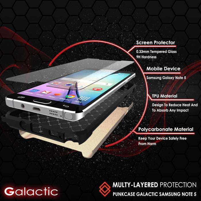 Galaxy Note 5 Case PunkCase Galactic Gold Series  Slim Armor Soft Cover Case w/ Tempered Glass (Color in image: black)