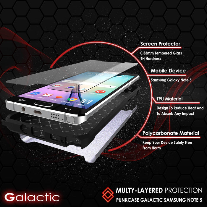 Galaxy Note 5 Case PunkCase Galactic SIlver Series Slim Armor Soft Cover Case w/ Tempered Glass (Color in image: black)