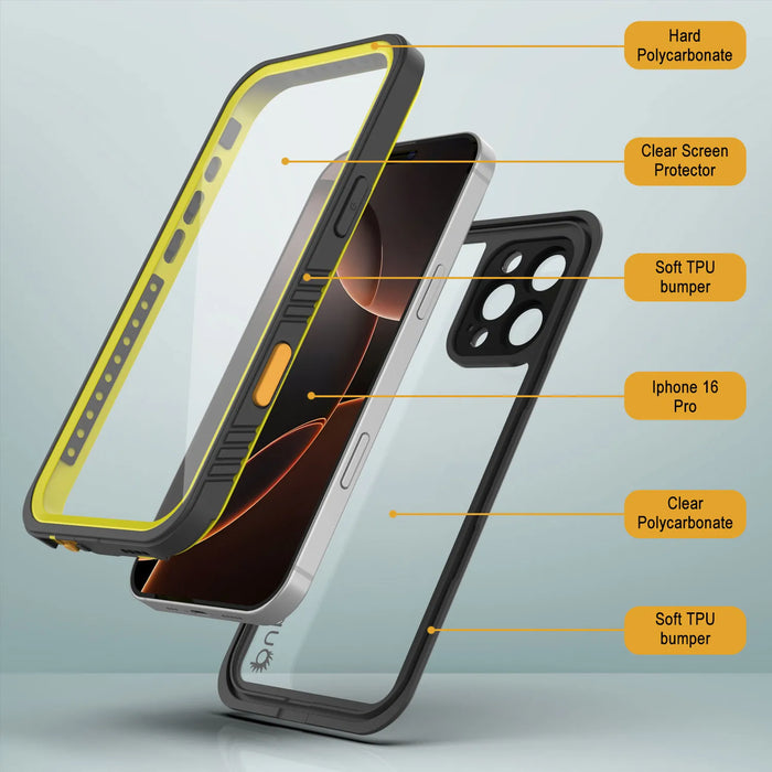 Wasserdichte Hülle für iPhone 16 Pro, Punkcase [Extreme Series] Panzerhülle mit integriertem Displayschutz [Gelb]