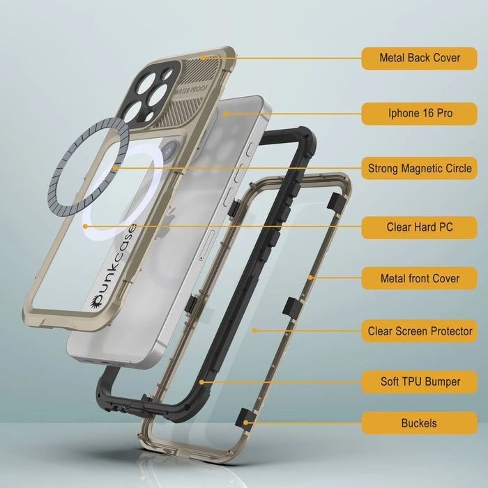 iPhone 16 Pro Metal Extreme 2.0 Series Wasserdichtes Aluminiumgehäuse IP68 mit integriertem Displayschutz [Gold]