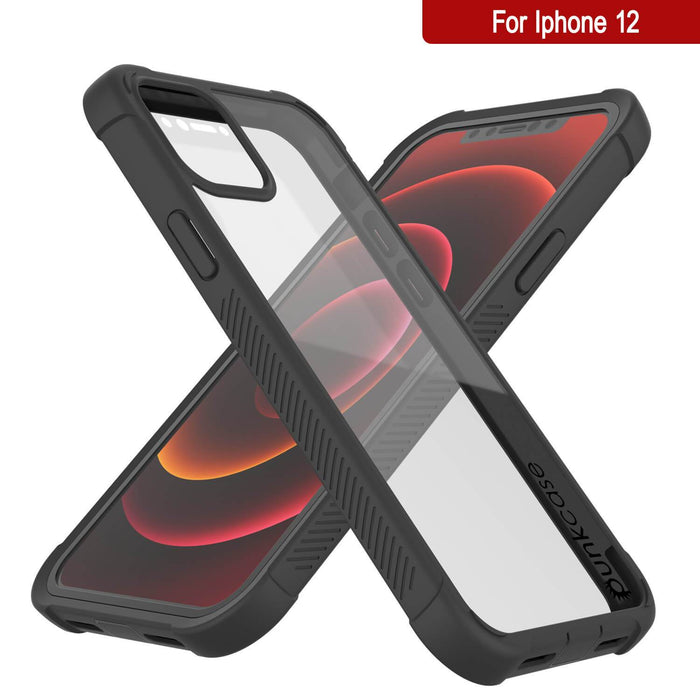 PunkCase iPhone 12 Case, [Spartan Series] Clear Rugged Heavy Duty Cover W/Built in Screen Protector [Black] 