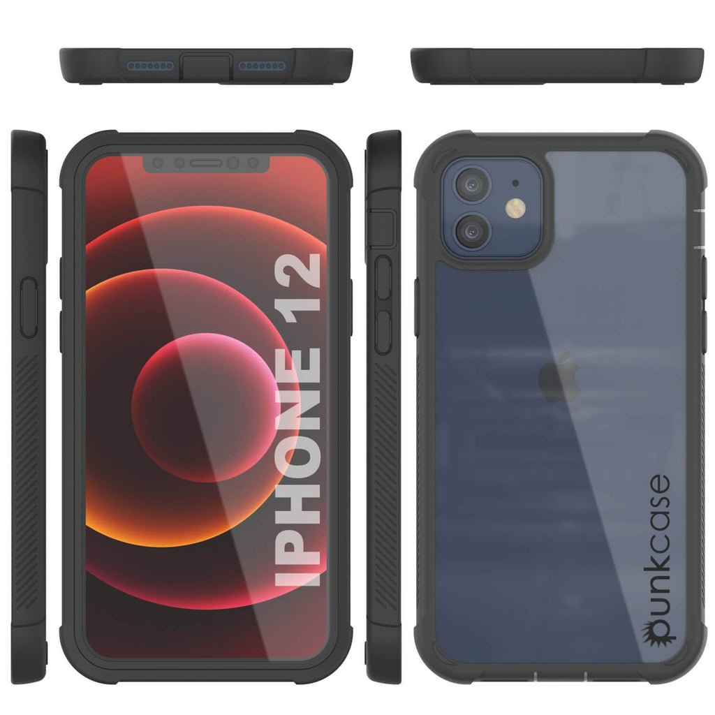 PunkCase iPhone 12 Case, [Spartan Series] Clear Rugged Heavy Duty Cover W/Built in Screen Protector [Black] 